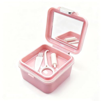 Denture Case Kit, Retainer Cleaning Case False Teeth, Retainer Cleaning Denture Bath Cup with Mirror Use in Denture Bridges, Denture Soaking Container, Traditional Braces for Travel （Pink） - color: pink