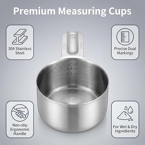 Measuring Cups, 1 Cup Stainless Steel Cup 4 Packs 304 stainless with non-slip handle, works for wet & dry ingredients, 240ml/8oz kitchen baking tool.