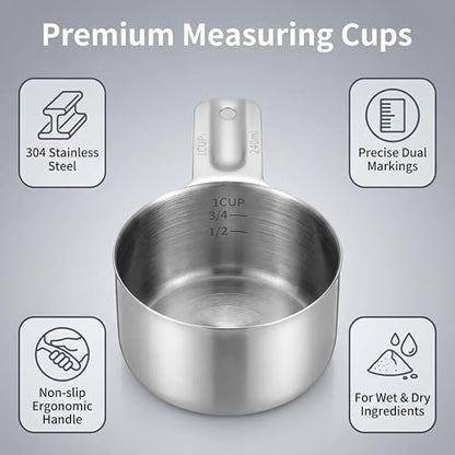 Measuring Cups, 1 Cup Stainless Steel Cup 4 Packs 304 stainless with non-slip handle, works for wet & dry ingredients, 240ml/8oz kitchen baking tool.