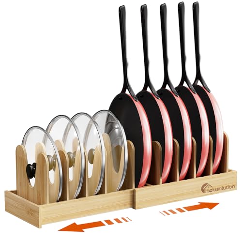 Housolution Bamboo Pot and Pan Organizer for Cabinet, 15"-29" Expandable Pot Lid Organizer with 10 Adjustable Dividers, Wooden Pan Holder Storage Rack, Fully Expanded Size 29.5" W x 8" D x 7.5" H - color: Bamboo, style: Horizontal, 10 Dividers