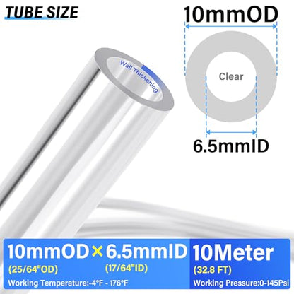 TAILONZ PNEUMATIC Clear 10mm OD 6.5mm ID Polyurethane PU Air Hose Pipe Tube Kit 10 Meter 32.8ft - color: Clear, size: 10mm OD/32.8ft/10m