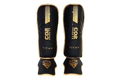 Titan Shin Guards, Padded Kickboxing Leg Guards with Instep Protection, Black/Gold, MMA Training Equipment