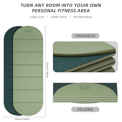ILILI Foldable Yoga Mat, 10mm Thick, 75x26 Inch Extra Long, Exercise Mat - color: Grass Green+Dark Green