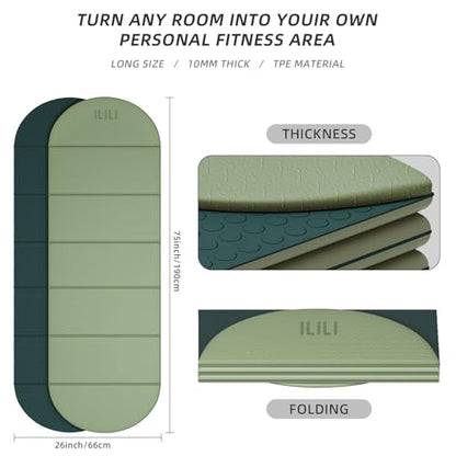 ILILI Foldable Yoga Mat, 10mm Thick, 75x26 Inch Extra Long, Exercise Mat - color: Grass Green+Dark Green