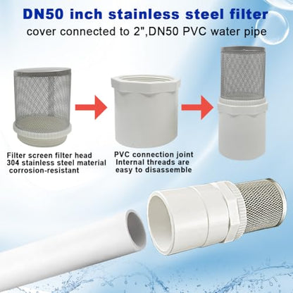 2" Stainless Steel Filter Cover Connected to 2 inch/DN50 PVC Water Pipe, Suction Strainers Used to Remove Debris and Reduce Solid Entry
