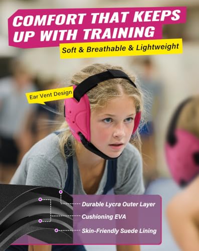 Trymaker Wrestling Headgear, Head Gear for Youth with Chin Cup & Pad - color: Pink Headgear & Black Strap