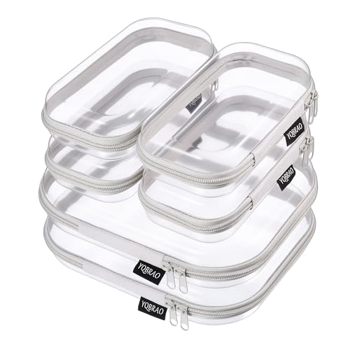 YQBRAO Clear Hard Shell Zipper Cases, 6 Travel Organizers, 2M 4S, Grey | Rigid clear shells in two practical sizes separate toiletries, skincare, cosmetics, chargers and frequently used accessories - color: Grey, size: 6 Pack (2M+4S)