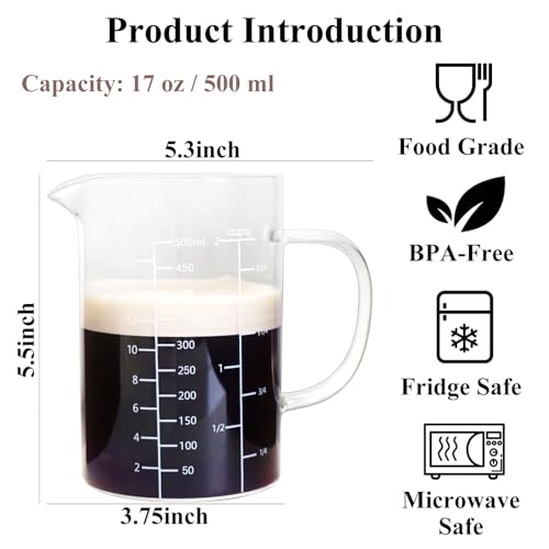 Glass Measuring Cup with Handle, 500 ML High Borosilicate Glass Three Scales (OZ, Cup, ML/CC) easuring Beaker for Kitchen or Restaurant, V-Shaped Spout Glass Measuring Beaker, Easy To Read