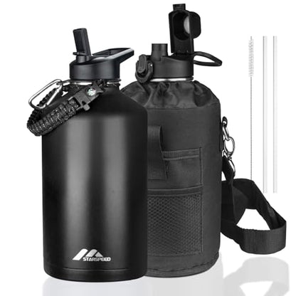 StarSpeed 128oz Insulated Water Bottle with Straws & 2 Lids,Black - color: Black, size: 128 Ounces