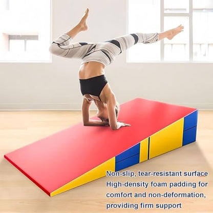 LICOME Folding Incline Gym Mat Tumbling Cheese Wedge Design for Gymnastics, Martial Arts, Dance, Yoga And Stretch Training，After It Can Be Used As A Jumping Box - color: Red Blue Yellow, size: 83x60x35cm
