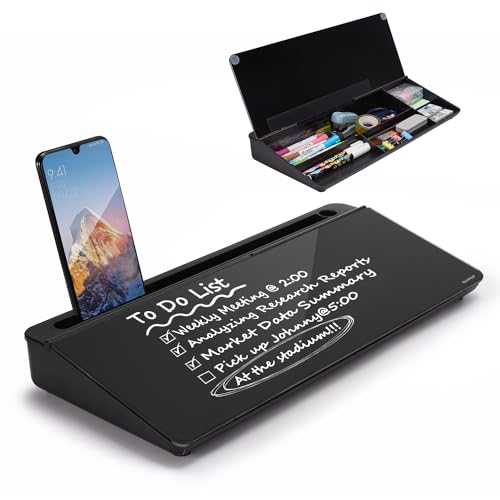 Desktop Whiteboard Dry-Erase-Board - Computer Keyboard Stand White Board Surface Pad with Drawer, Desk Organizers with Accessories for Office, Home, School Supplies - Complete Black - color: Black Base/Glass