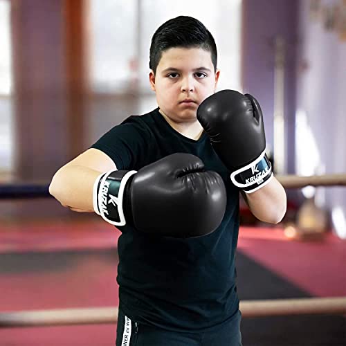Kruzak Boxing Gloves for Kids 5-10 Years Training, Sparring, Kickboxing, Muay Thai, Martial Arts & MMA Fighting - Boys & Girls Punch Bag Mitts Training - color: Black, size: 6 oz