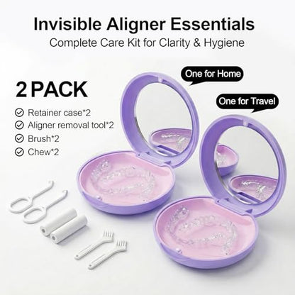 2 Pack Retainer Case with Mirror, Aligner Case Compatible with Invisalign - color: 2 Pack - PurpleMirror