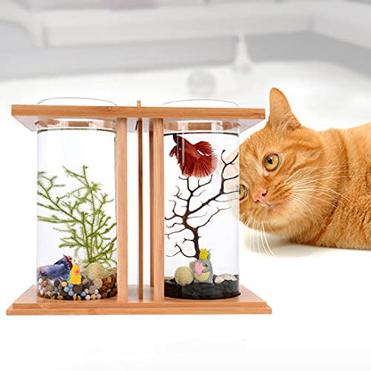 Creative Ecological Fish Tank,Dual Glass Small Fish Tank with Bamboo Wood Stand,Mini DIY Desktop Aquarium for Goldfish,Betta Fish,or Small Fish