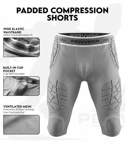 7 Pad Football Girdle Youth with Cup Pocket & Integrated Padding - color: Grey, size: Medium