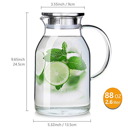 88OZ Glass Pitcher with Lid and Spout - High Heat Resistance Pitcher for Hot/Cold Water & Iced Tea (2.6L) - color: L 2.6L, size: 88 Ounces
