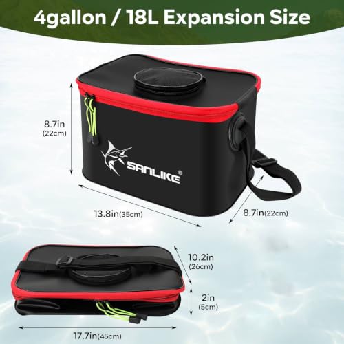 SANLIKE Foldable Live Fish Bucket, EVA Fishing Bait Bucket, 35/40/45CM Collapsible Fish Container, Leakproof Livewell for Kayak Boat Bank Fishing, Black/Army Green - color: Black-35cm