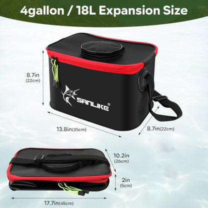 SANLIKE Foldable Live Fish Bucket, EVA Fishing Bait Bucket, 35/40/45CM Collapsible Fish Container, Leakproof Livewell for Kayak Boat Bank Fishing, Black/Army Green - color: Black-35cm