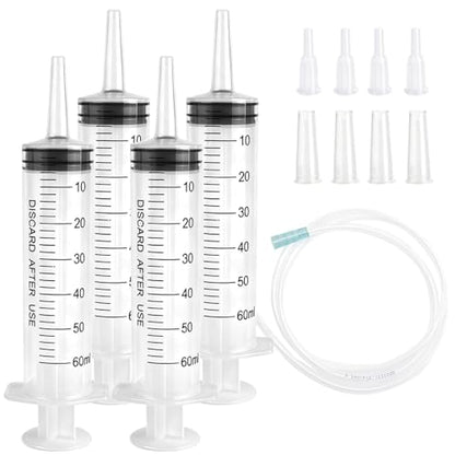 60cc Plastic Syringe - Large Syringe for Liquid with 40" Tubing, Syringes for Liquid, 4 Pack