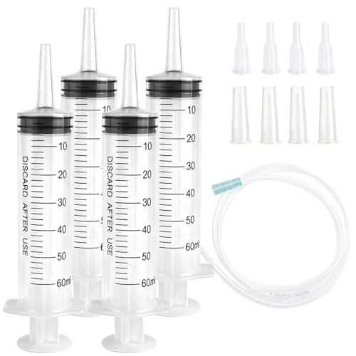 60cc Plastic Syringe - Large Syringe for Liquid with 40" Tubing, Syringes for Liquid, 4 Pack