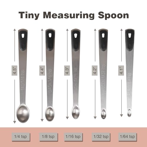 Mini Measuring Spoons Set, Tiny Stainless Steel Measure Teaspoons with Black Silicone Handle, Suitable for Small Amount of Dry or Liquid Ingredients and Spices (1/64, 1/32, 1/16, 1/8, 1/4 tsp) - color: Black