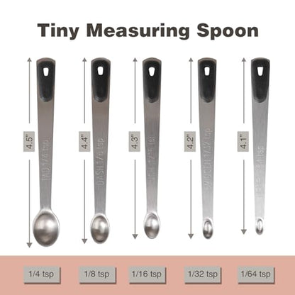 Mini Measuring Spoons Set, Tiny Stainless Steel Measure Teaspoons with Black Silicone Handle, Suitable for Small Amount of Dry or Liquid Ingredients and Spices (1/64, 1/32, 1/16, 1/8, 1/4 tsp) - color: Black