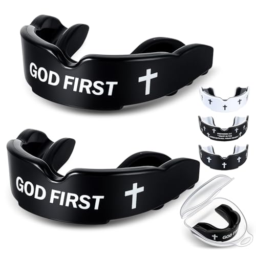 Yaomiao 2 Pcs Mouth Guards Christian Teeth Guards Sport Game Guard & Case Religious MouthGuard Soccer Football Basketball Baseball Wrestling Lacrosse Rugby Boxing Taekwondo - size: Adult, style: Black & God