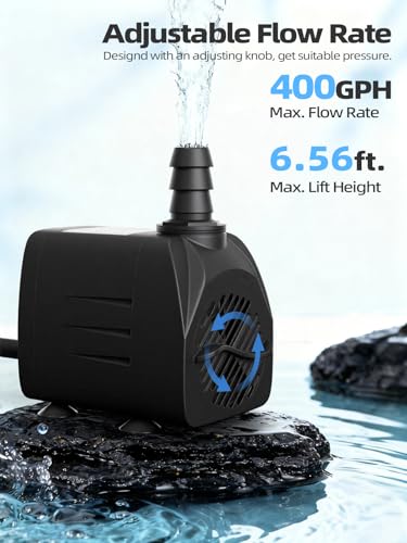 400GPH Submersible Water Pump(1500L/H, 25W), Ultra Quiet Water Fountain Pump with 6.56ft High Lift & 6.5ft Hose, 3 Nozzles for Pond Waterfall, Fish Tank, Aquarium, Hydroponics