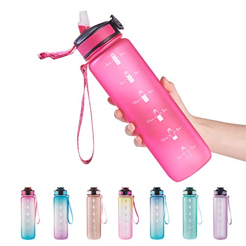 EYQ 32oz Water Bottle with Straw, Time Marker, Blue Purple - color: R