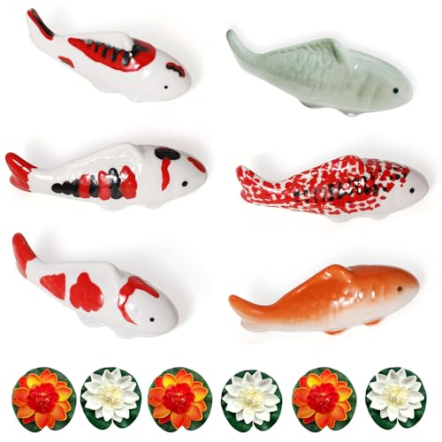 6PCS Ceramic Floating Koi Fish 6PCS Floating Foam Lotus Flower Koi Pond Accessories Pond Decor Floating Aquarium Decor Birdbath Decor 【Complete Collection】 - size: 6PCS