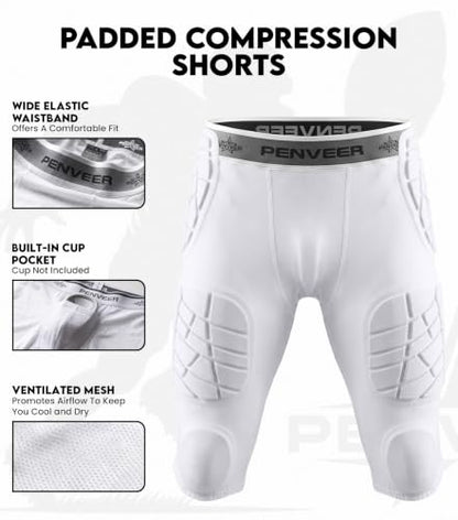 7 Pad Football Girdle Youth with Cup Pocket & Integrated Padding - color: White, size: X-Large