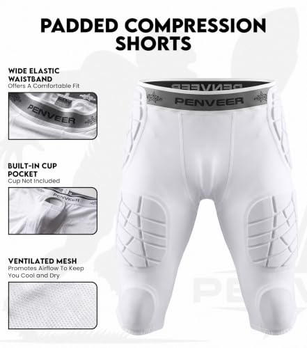 7 Pad Football Girdle Youth with Cup Pocket & Integrated Padding - color: White, size: Medium