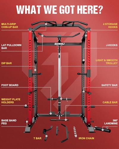 C1-V4 Power Cage, 2000LBS Squat Rack with LAT Pulldown, Multi-Function Weight Cage Strength Training Machine, Workout Cage with More Attachments for Home Gym Garage - style: 220LBS Colorful RD Package