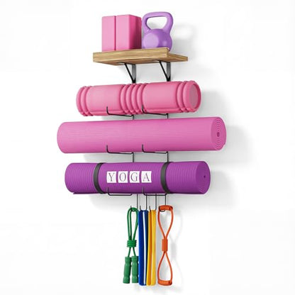 Bikoney Yoga Mat Holder Wall Mount Yoga Mat Storage Home Gym Accessories with Wood Floating Shelves and 4 Hooks for Hanging Foam Roller and Resistance Bands Fitness Home Gym Carbonized Black - color: Carbonized Black