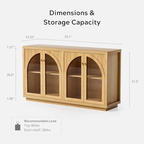 Storage Cabinet with 4 Doors, Arched Sideboard Buffet Cabinet with Adjustable Shelves, Accent Display Cabinet with Acrylic Door for Living Room, Entryway, Dining Room, Natural Oak