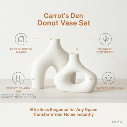 Carrot's Den Donut Vase, Set of 2 - White Large Ceramic Vase - Minimalist Nordic, Hollow | Table Centerpiece, Olive Plant, Wedding, Living Room, Bookshelf, Office, Modern Home, Entryway, Console - color: Warm White