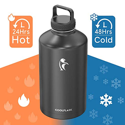 Coolflask 128 oz Gallon Water Bottle Insulated with Straw & 3 Leakproof Lid - color: Magic Black, size: 128 Ounces