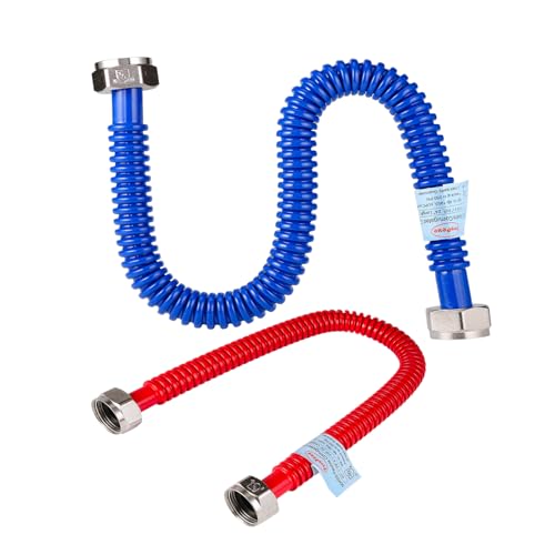 Upgrade 2 Pack Hot & Cold Water Heater Hose 3/4" FIP x 24" Length, Flexible Stainless Steel Corrugated Water Line Connector with Red & Blue Rubber Coated - size: red+blue 3/4"Fx3/4"F, 24"L(0.7"ID)