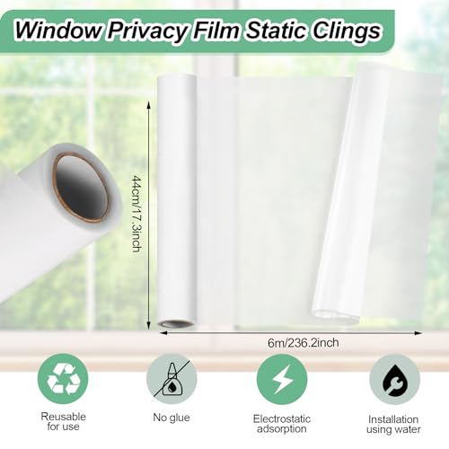 Frosted Glass Window Film,17.3x236.2 Inches Privacy Film Anti Uv, Frosted Window Privacy Film Non Adhesive, Window Film Privacy for Bathroom Home and Office