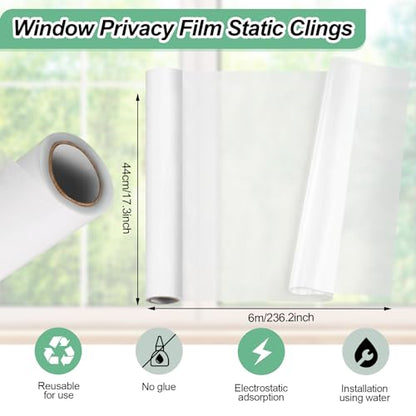 Frosted Glass Window Film,17.3x236.2 Inches Privacy Film Anti Uv, Frosted Window Privacy Film Non Adhesive, Window Film Privacy for Bathroom Home and Office