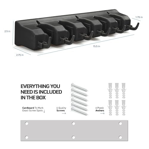 2 Pack Mop and Broom Holder Wall Mount Hanger, Heavy Duty, 5 Slots 4 Hooks - color: Black, size: 2 Pack 5-position, 6-Hooks