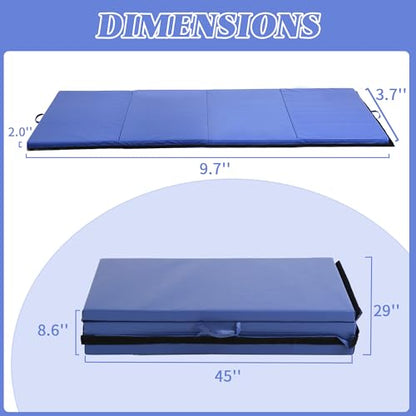 4'x10'x2" 4-Panel Folding Gymnastics Mat, 2-Inch Thick PU Leather Tumbling Mat with Carrying Handles for Exercise, Yoga, Cheerleading, Martial Arts & Home Workouts - color: Blue