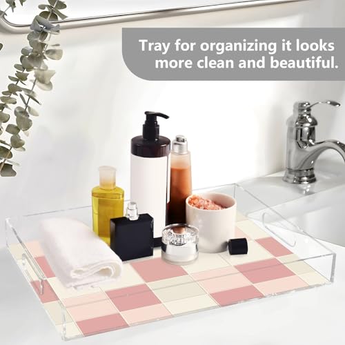 Acrylic Tray Clear Serving Vanity Ottoman Bathroom Coffee Table Countertop Organizer Raised Edge Spill Proof Pink Beige Check Pattern - color: Pink Beige Check Pattern