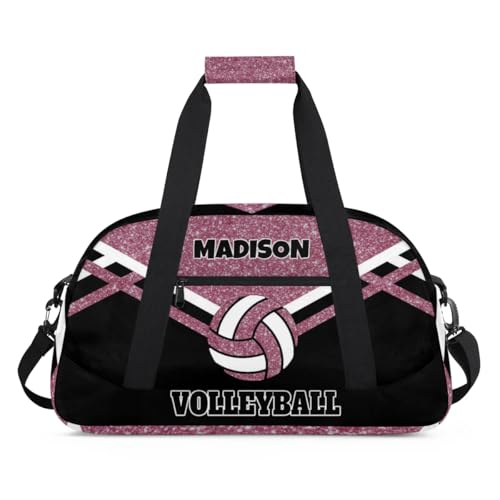 Custom Name Sports Volleyball Bag, Water Pink Glittering with Black | Gym Bag Sports Travel Duffle Bag Tote Carry On Weekend Sports Travel Bag - color: Pink Black