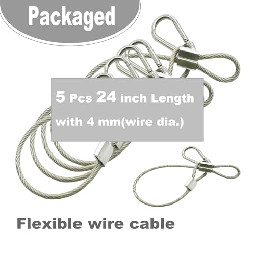 5pcs 24 inch Vinyl Cover Coated Stainless Steel Wire Rope Lanyard Cable Tether Safety Strap with Hooks and 2 Loops (4mm Thickness), Clear - color: 5pcs_Clear, size: 24"/60cm