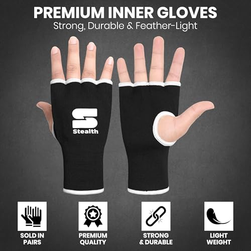 Stealth Sports Boxing Hand Wraps Inner Gloves – Premium Boxing Inner Gloves – Half Finger Boxing Punching Mitts – Elasticated Wrap Boxing Mitts for Kickboxing, Muay Thai, MMA - size: Large-X-Large