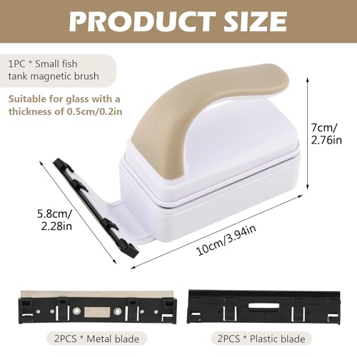 Aquarium Strong Magnetic Glass Cleaner Brush, Fish Tank Glass Scrubber Algae Scraper Comfortable Grip Handle with 2 Detachable Scrapers Mag Float Scrubber for 0.2 Inch Tanks(S)