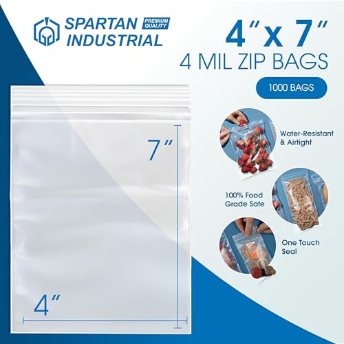 Spartan Industrial - 4" X 7" Heavy-Duty Small Zip Bags (1000 Count) - 4 Mil Plastic Bags for Packaging, Parts, Crafts - size: 4" X 7"