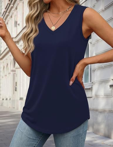 YUCOLEN Women's Tank Tops Loose Fit V Neck Summer UPF 50+ Flowy Curved Hem Basic Casual Sleeveless Tops - color: Navy, size: Large
