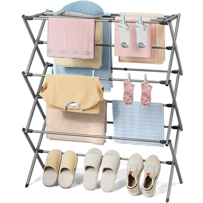 KINGBOARD 3-Tier Extendable Clothes Drying Rack, Small & Foldable, Grey | 37.4"H x 33.8"W x 11.2"D, Space-Saving Collapsible, Easy Assembly, Rust-Resistant Iron Frame, Indoor Outdoor Use, 25lb - color: Gray